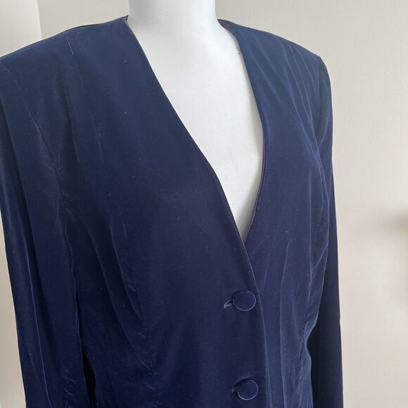 Vintage Talbots Navy Velvet Blazer button Jacket V neck Collarless Size 12 - Picture 12 of 15